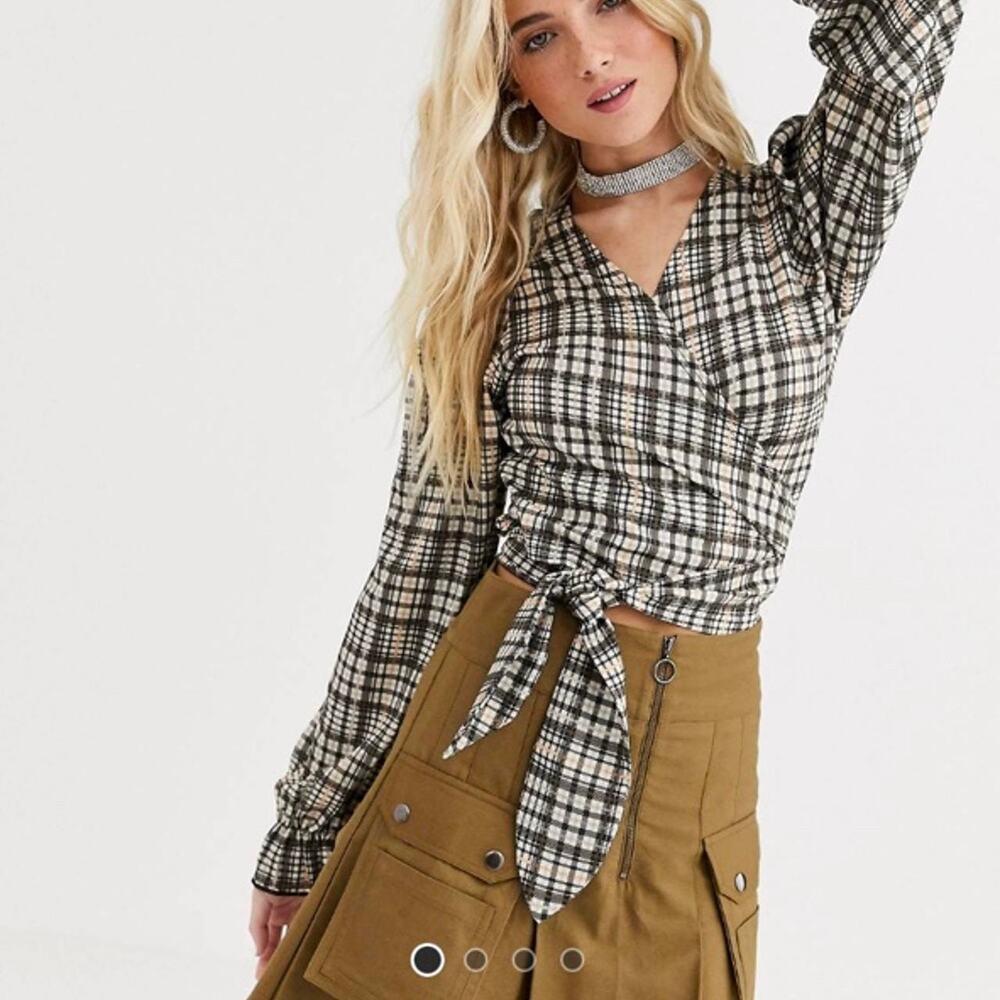 New Girl Order Plaid Puff Sleeve Cropped Wrap Blouse Top Women's SZ 6
